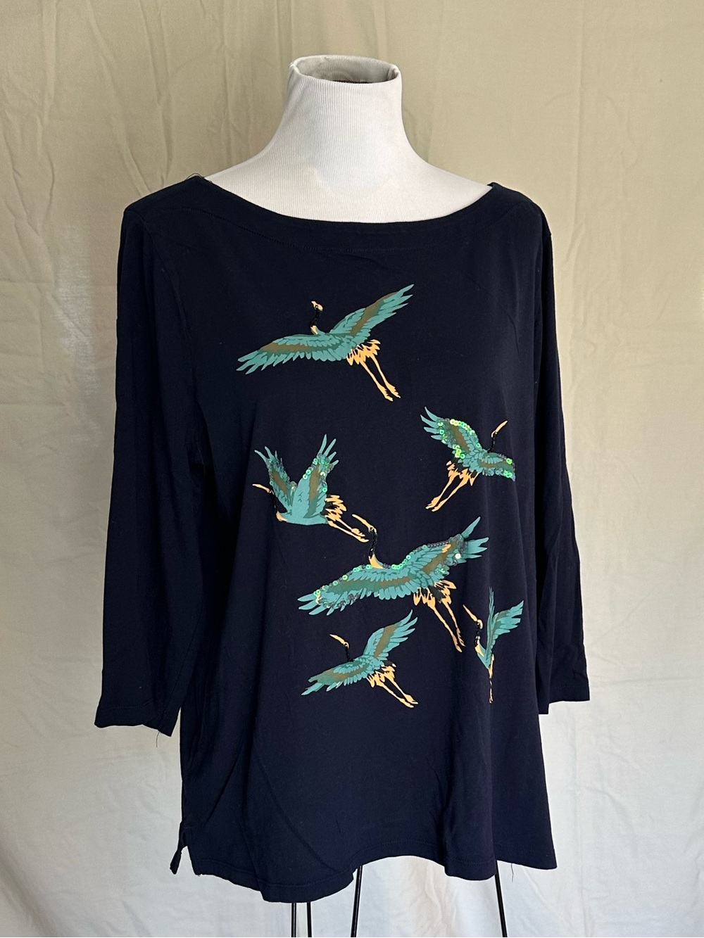 LOFT Outlet Navy Blue Boatneck Tee blouse sequined birds teal cotton XL heron